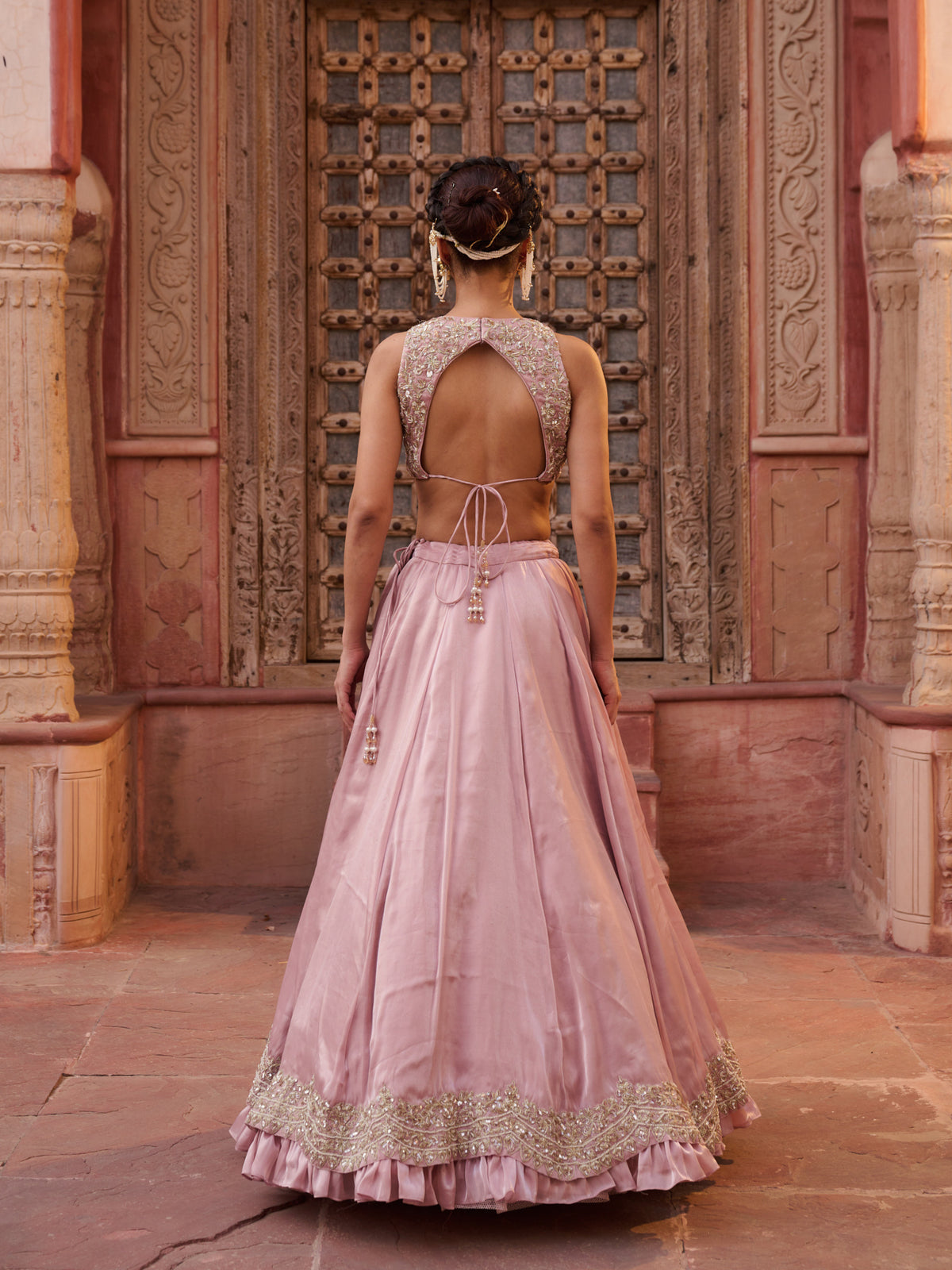 Blush Pink Glass Tissue Silk Blouse, Lehenga And Dupatta