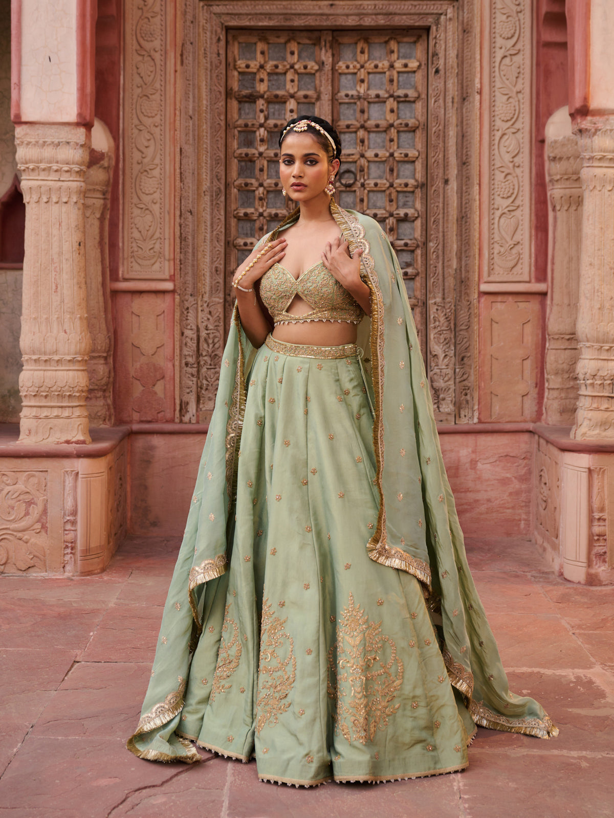 Mint Green Shimmer Tissue Blouse, Lehenga And Dupatta