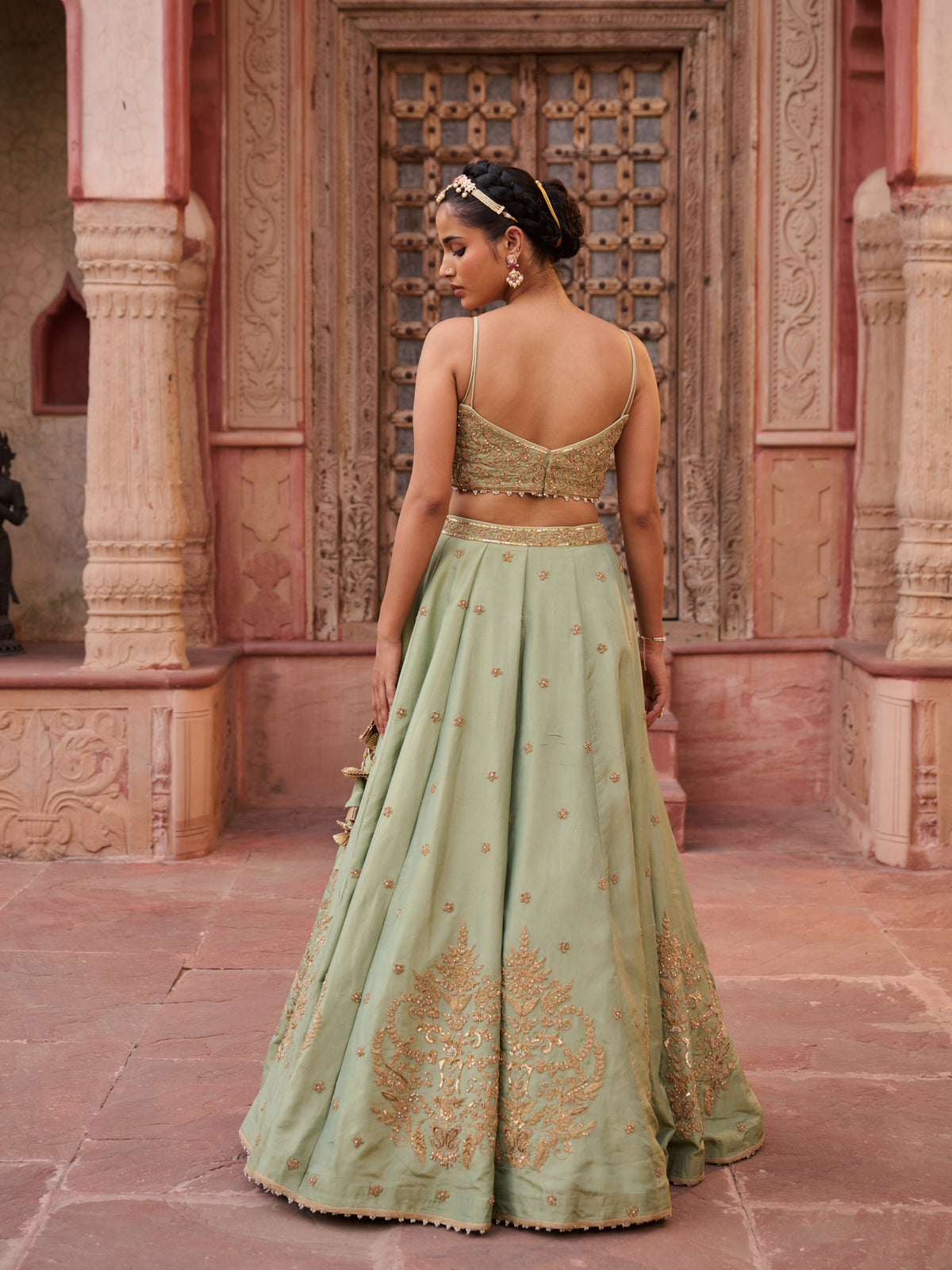 Mint Green Shimmer Tissue Blouse, Lehenga And Dupatta