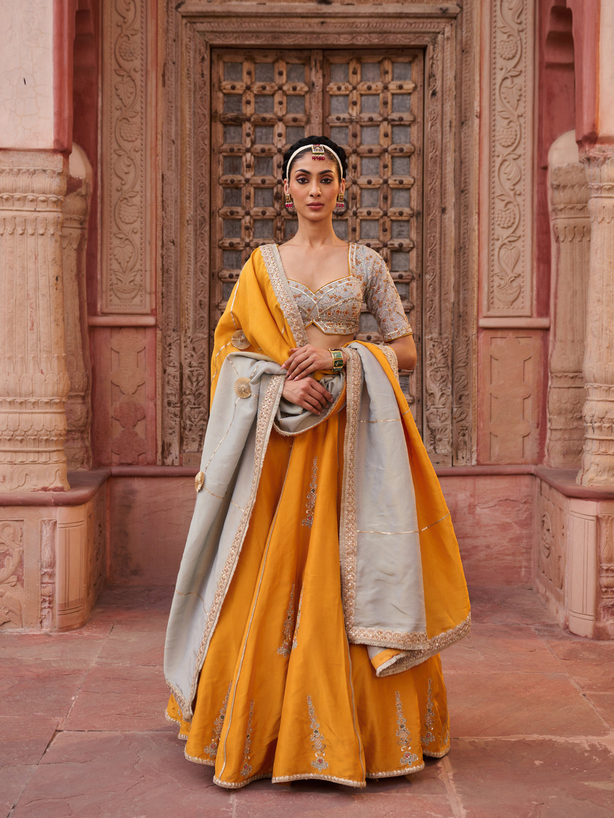Mustard And Powder Blue Embroidered Blouse, Lehenga And Dupatta