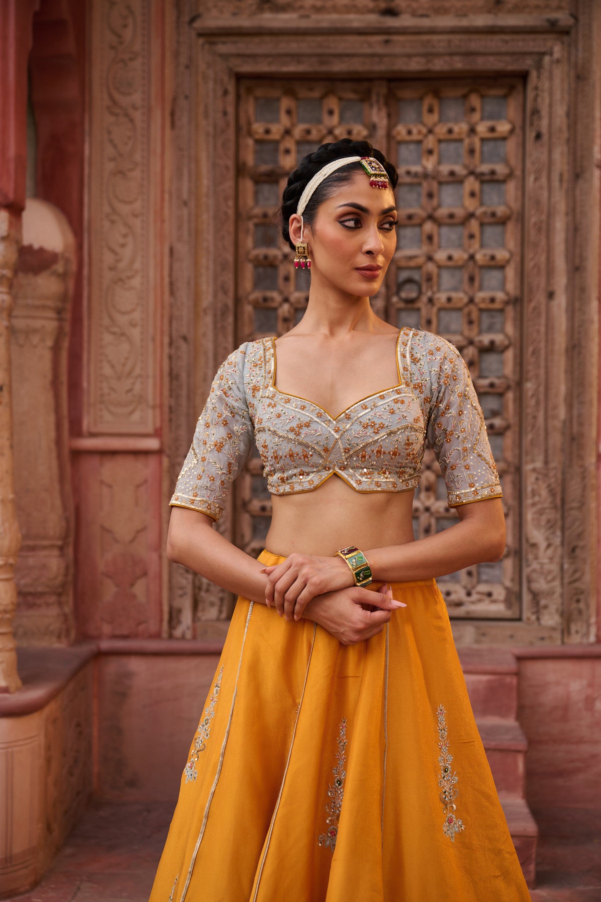 Mustard And Powder Blue Embroidered Blouse, Lehenga And Dupatta
