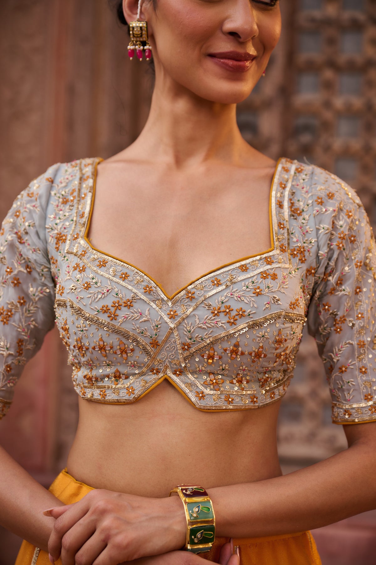 Mustard And Powder Blue Embroidered Blouse, Lehenga And Dupatta