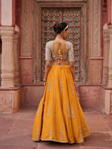 Mustard And Powder Blue Embroidered Blouse, Lehenga And Dupatta