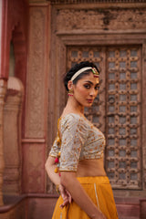 Mustard And Powder Blue Embroidered Blouse, Lehenga And Dupatta