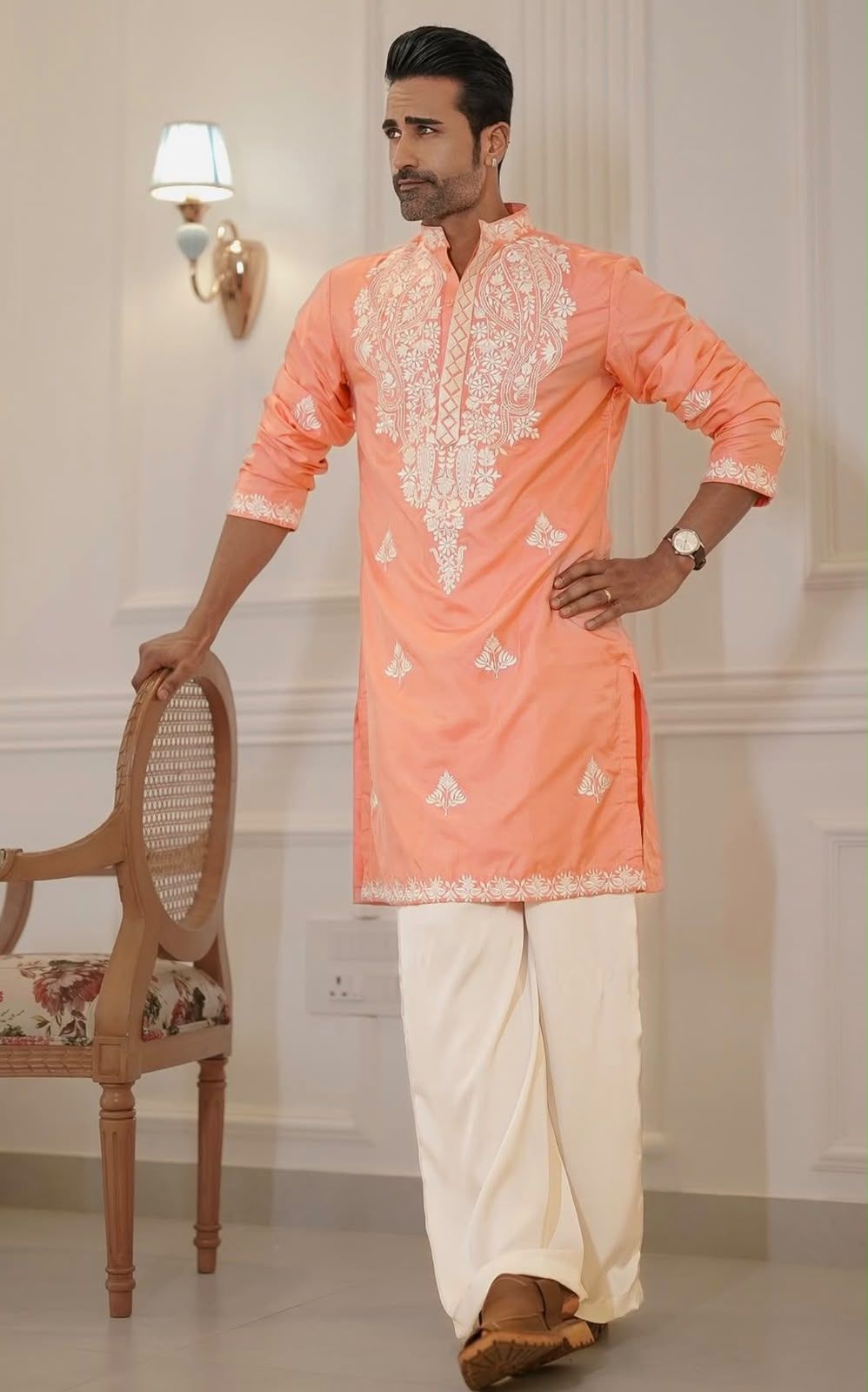 Royale Peach Embroidered Kurta