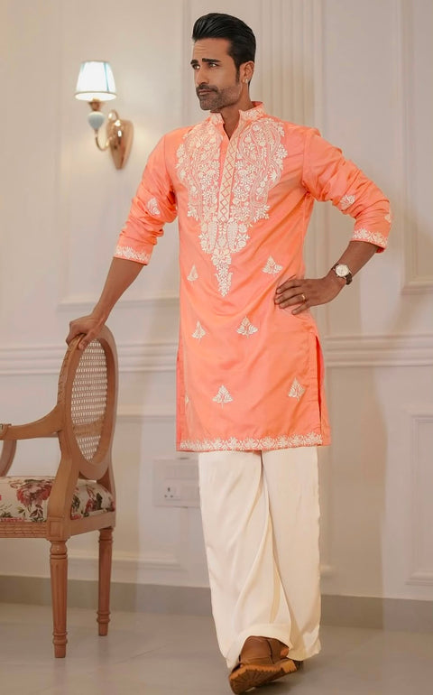 Royale Peach Embroidered Kurta