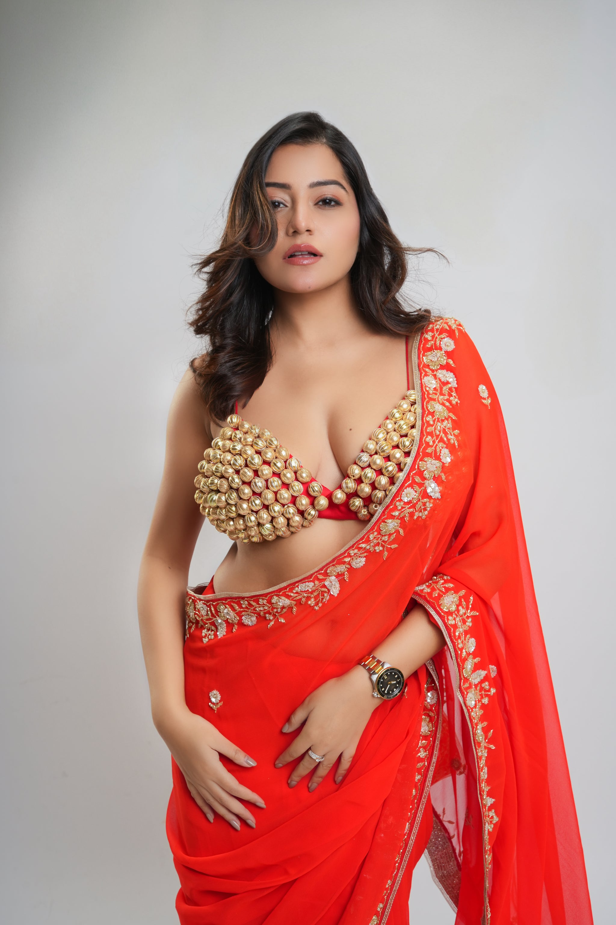Orange Hand Embroidered Saree Organza and Matching Floral Embroidered Blouse