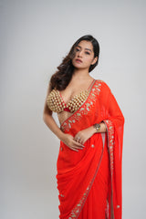 Orange Hand Embroidered Saree Organza and Matching Floral Embroidered Blouse
