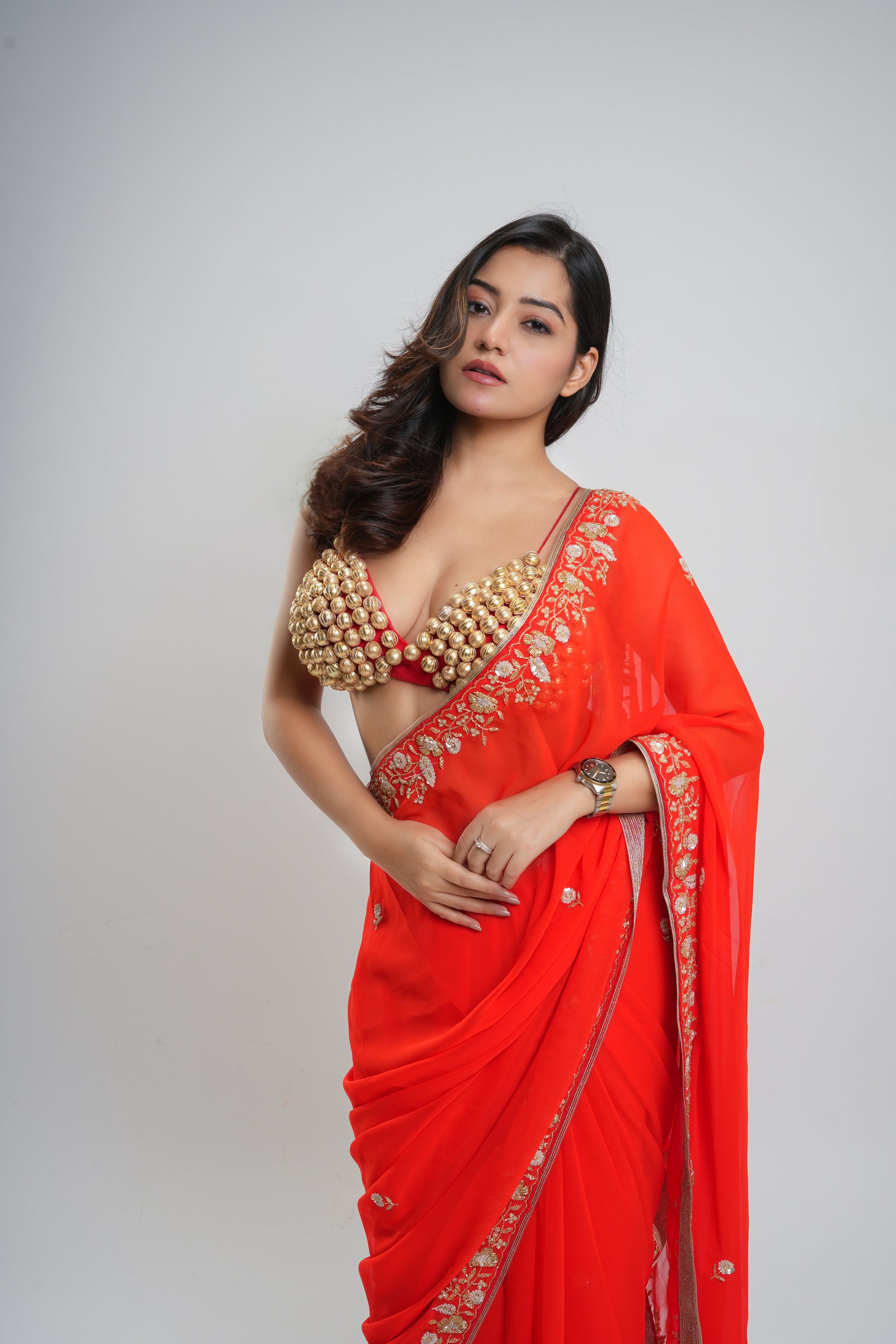 Orange Hand Embroidered Saree Organza and Matching Floral Embroidered Blouse