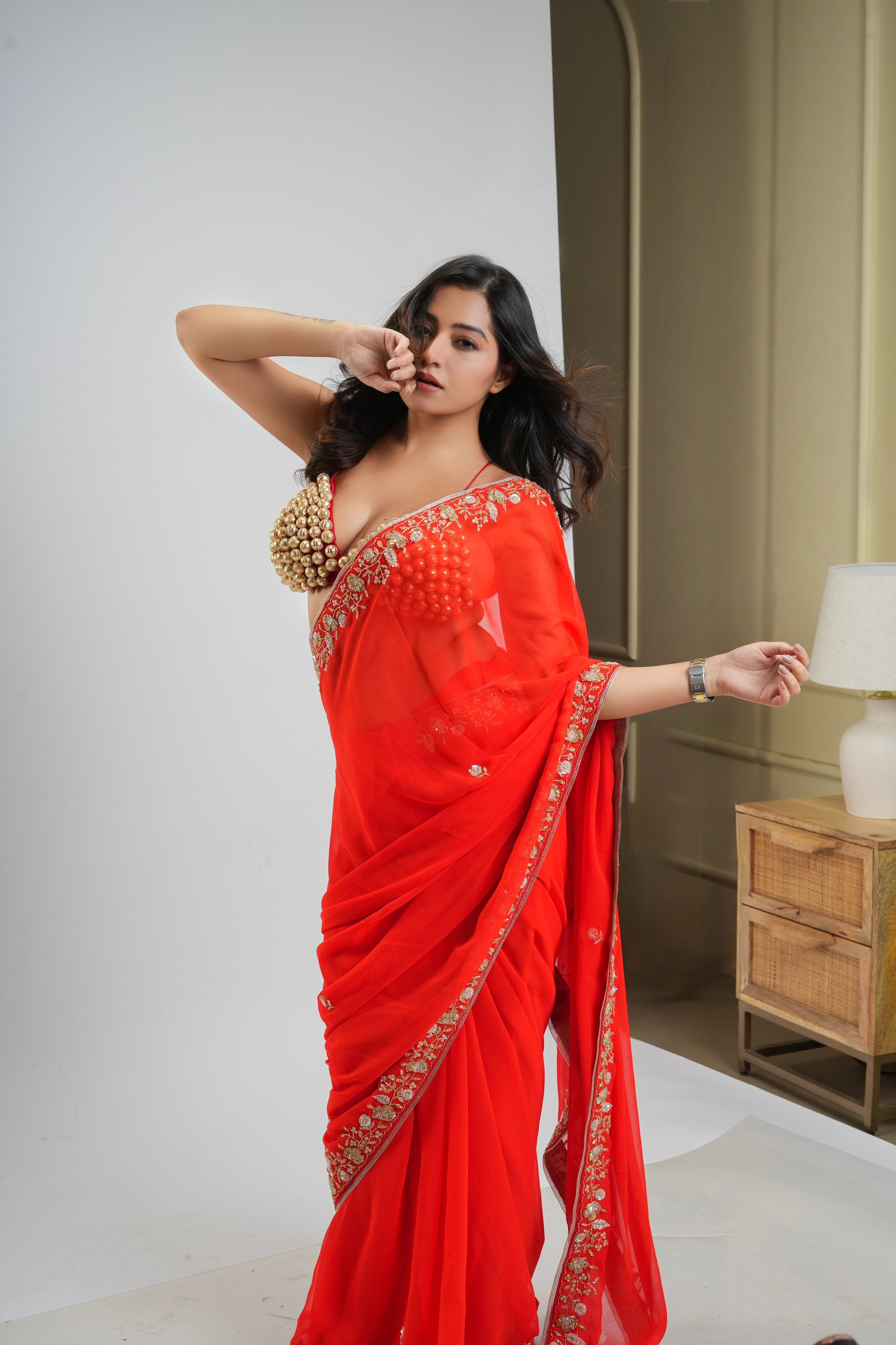 Orange Hand Embroidered Saree Organza and Matching Floral Embroidered Blouse