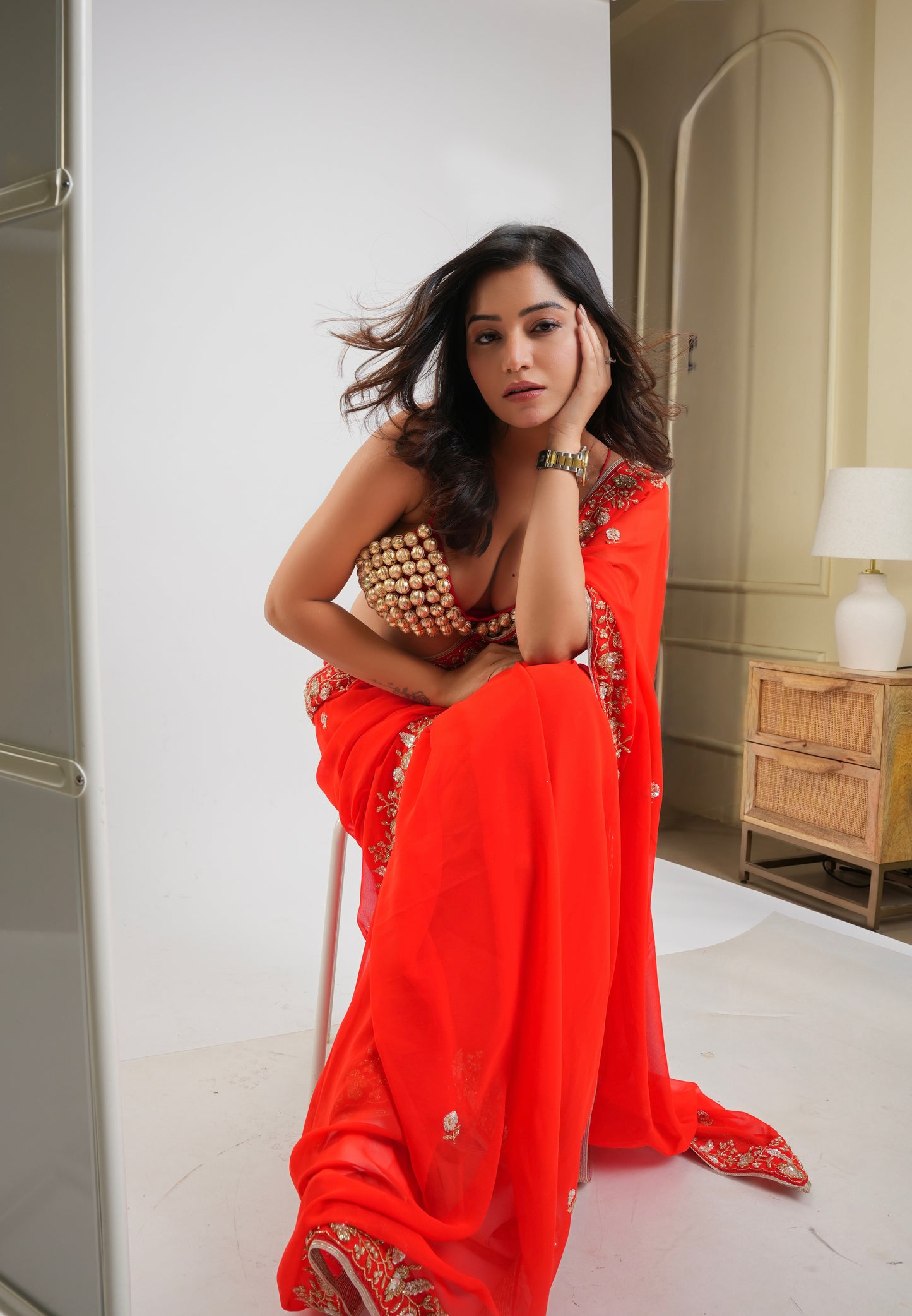 Orange Hand Embroidered Saree Organza and Matching Floral Embroidered Blouse