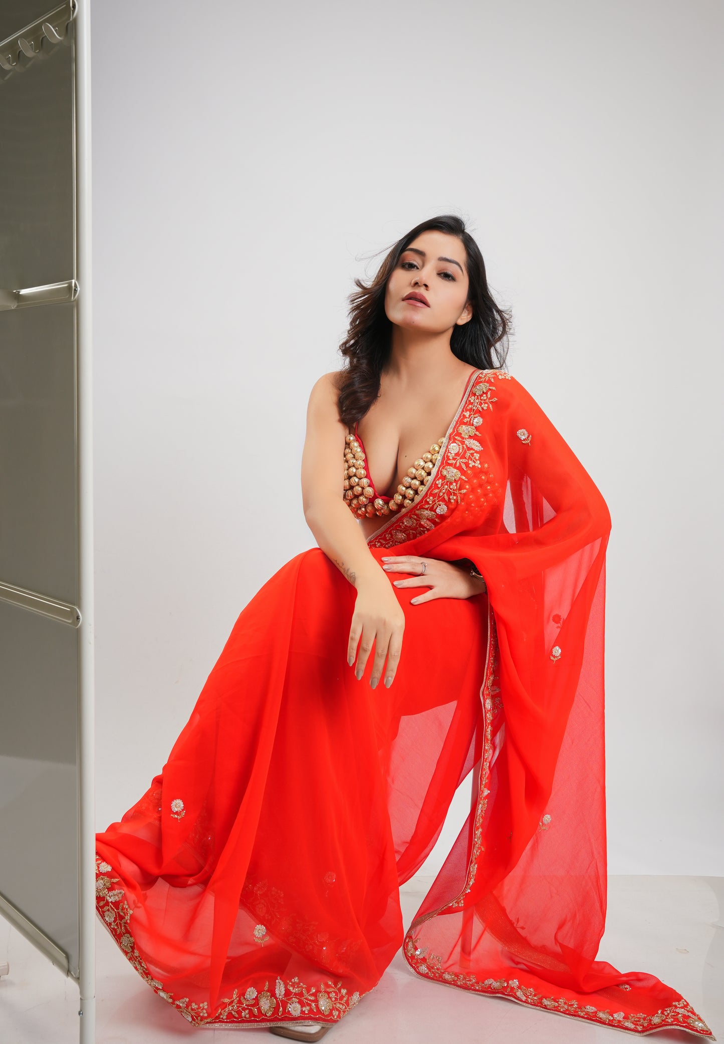 Orange Hand Embroidered Saree Organza and Matching Floral Embroidered Blouse