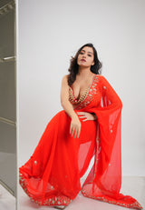Orange Hand Embroidered Saree Organza and Matching Floral Embroidered Blouse