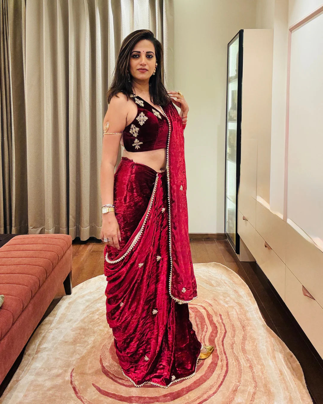 Maroon Hand Embroidered Velvet Saree With Blouse