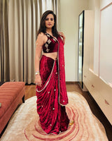 Maroon Hand Embroidered Velvet Saree With Blouse