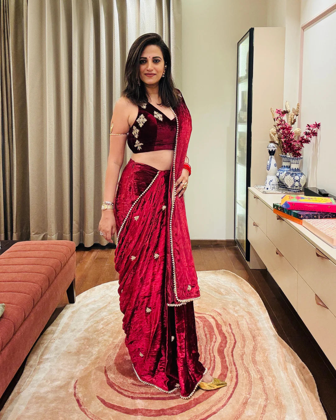 Maroon Hand Embroidered Velvet Saree With Blouse