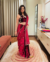 Maroon Hand Embroidered Velvet Saree With Blouse