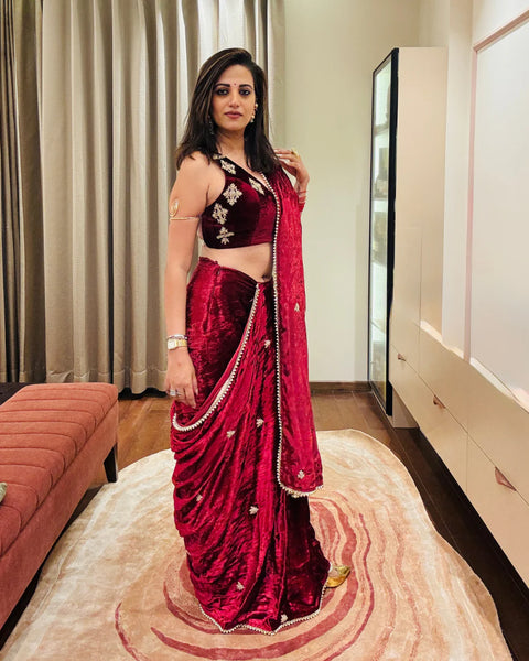 Maroon Hand Embroidered Velvet Saree With Blouse