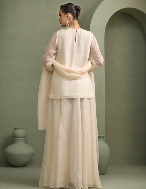Ivory Hand-Embellished Short Kurti With Mirror-Work Lehenga & Dupatta Set