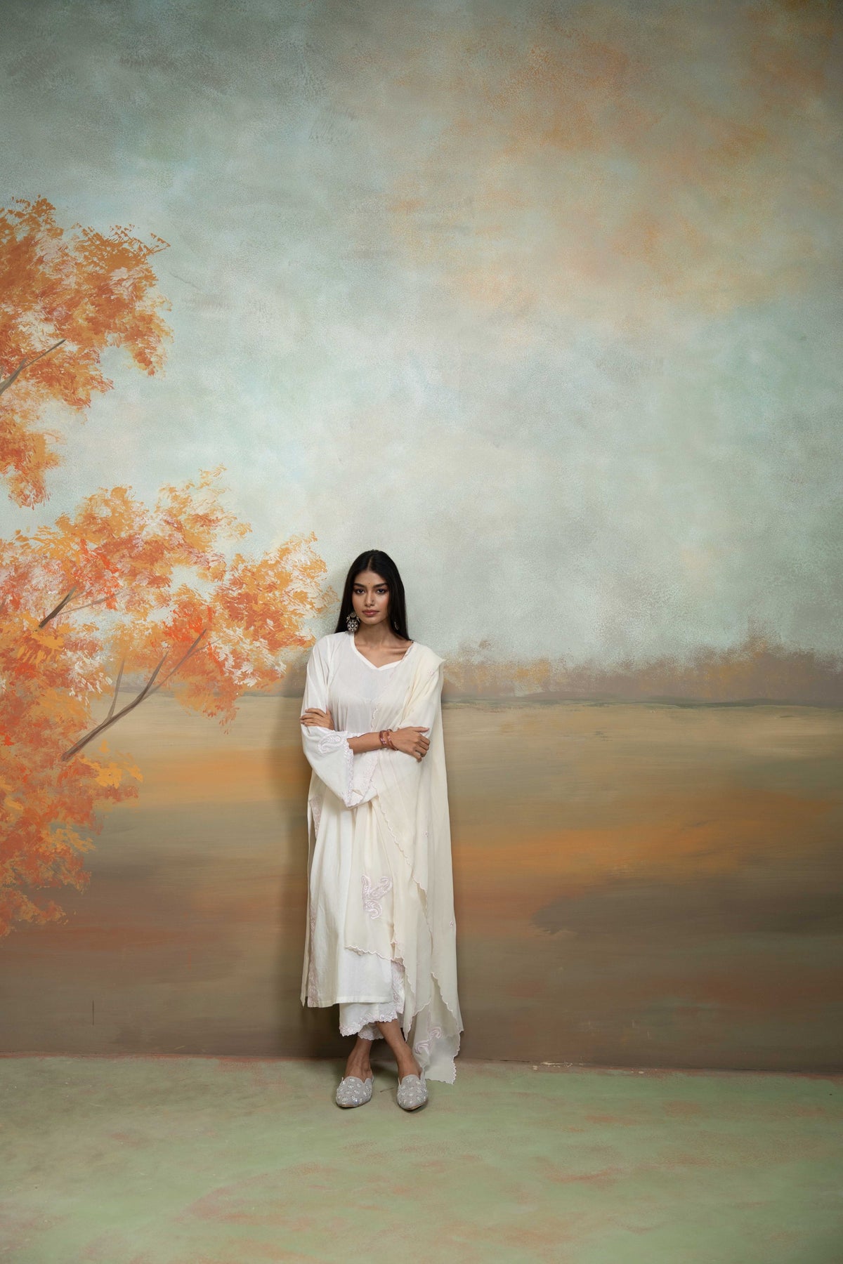 White & Pink Embroidery Cotton Silk & Georgette Kurta Set (3 Pcs)