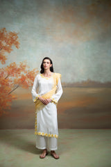 White And Yellow Sunflower Embroidery Cotton Silk & Organza Kurta Set (3 Pcs)