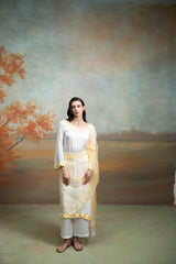 White And Yellow Sunflower Embroidery Cotton Silk & Organza Kurta Set (3 Pcs)
