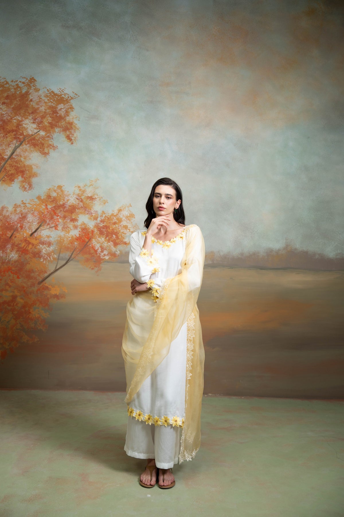 White And Yellow Sunflower Embroidery Cotton Silk & Organza Kurta Set (3 Pcs)