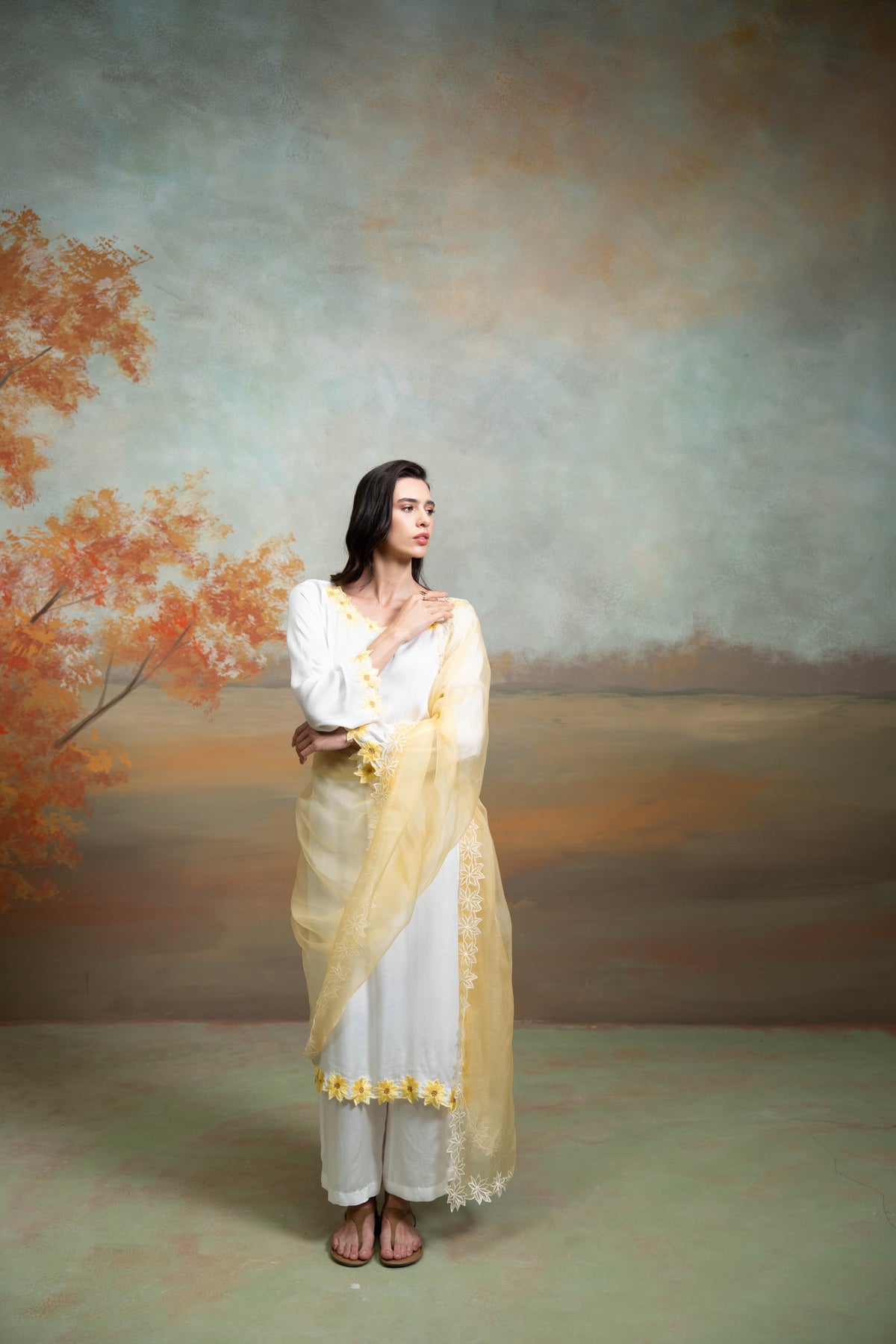 White And Yellow Sunflower Embroidery Cotton Silk & Organza Kurta Set (3 Pcs)