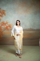 White And Yellow Sunflower Embroidery Cotton Silk & Organza Kurta Set (3 Pcs)