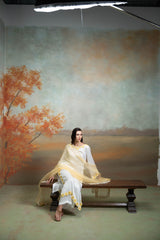 White And Yellow Sunflower Embroidery Cotton Silk & Organza Kurta Set (3 Pcs)