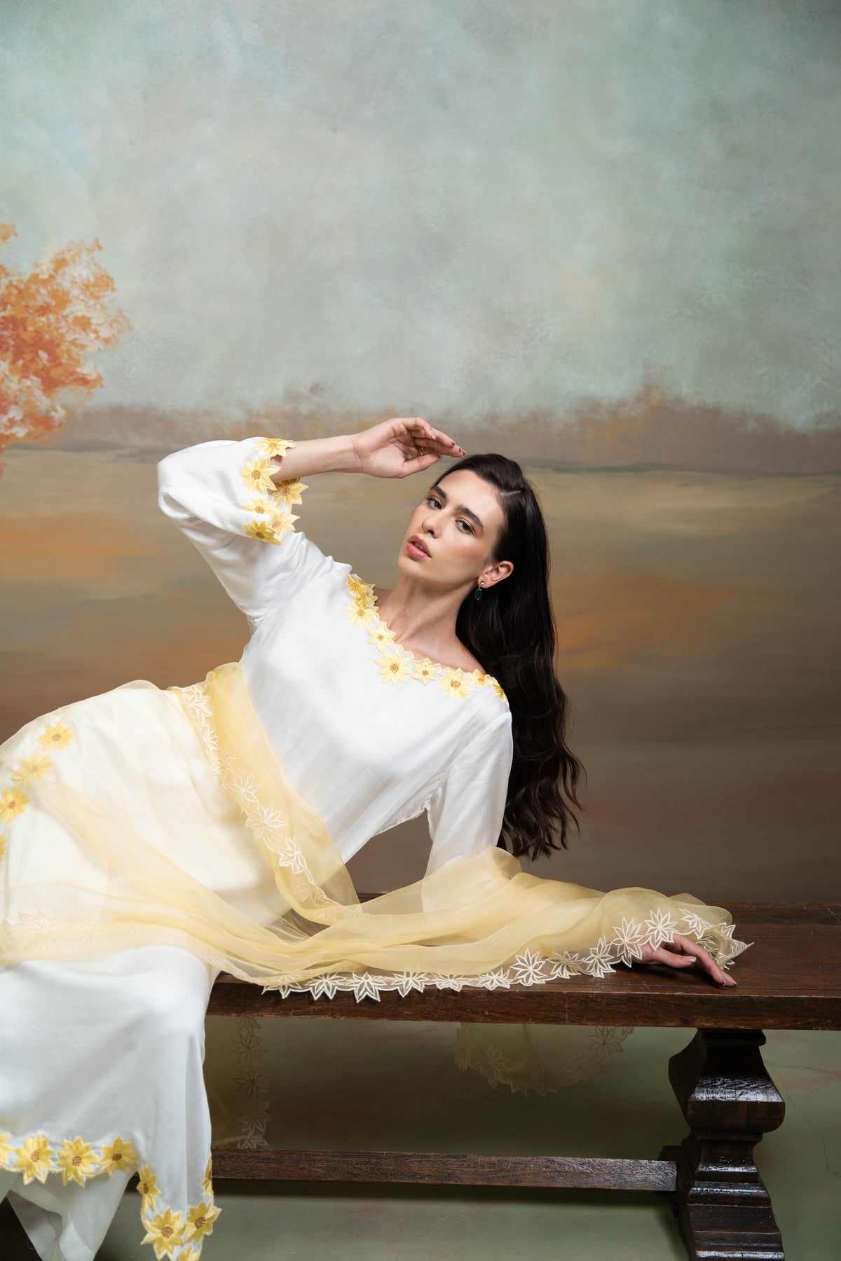 White And Yellow Sunflower Embroidery Cotton Silk & Organza Kurta Set (3 Pcs)