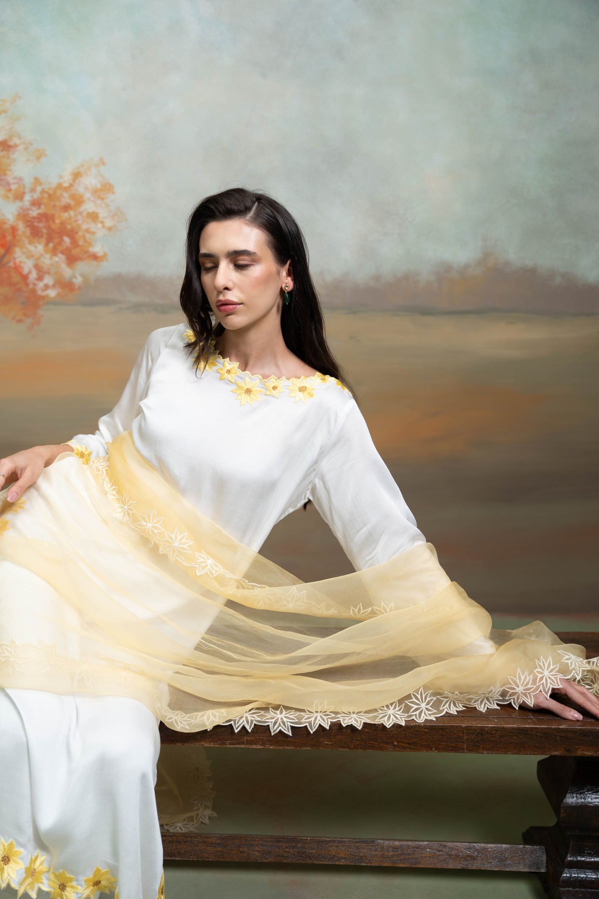 White And Yellow Sunflower Embroidery Cotton Silk & Organza Kurta Set (3 Pcs)