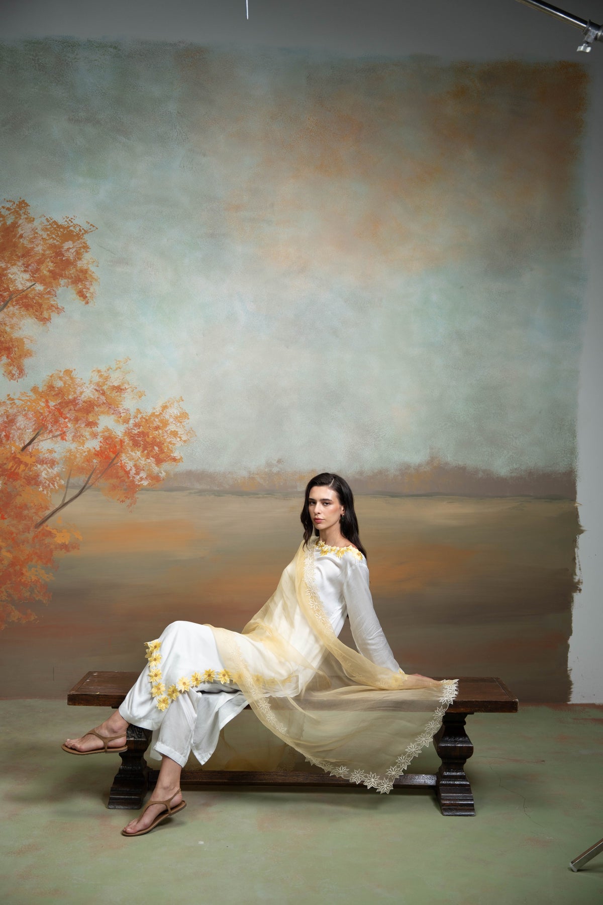 White And Yellow Sunflower Embroidery Cotton Silk & Organza Kurta Set (3 Pcs)