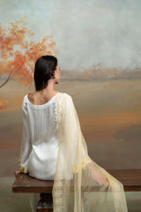 White And Yellow Sunflower Embroidery Cotton Silk & Organza Kurta Set (3 Pcs)