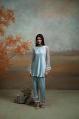 Powder Blue Lace & Organza Detailing Peplum Set (2 Pcs)