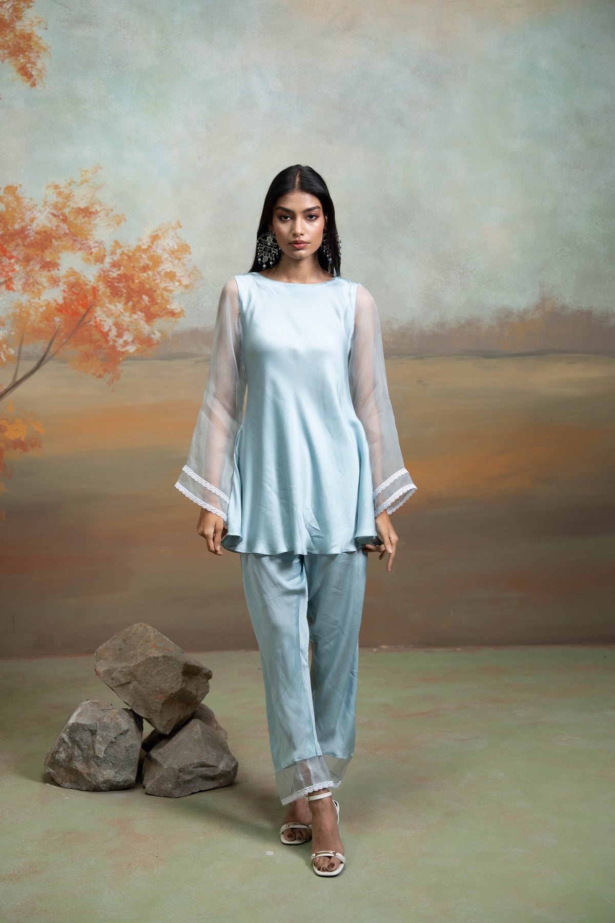 Powder Blue Lace & Organza Detailing Peplum Set (2 Pcs)