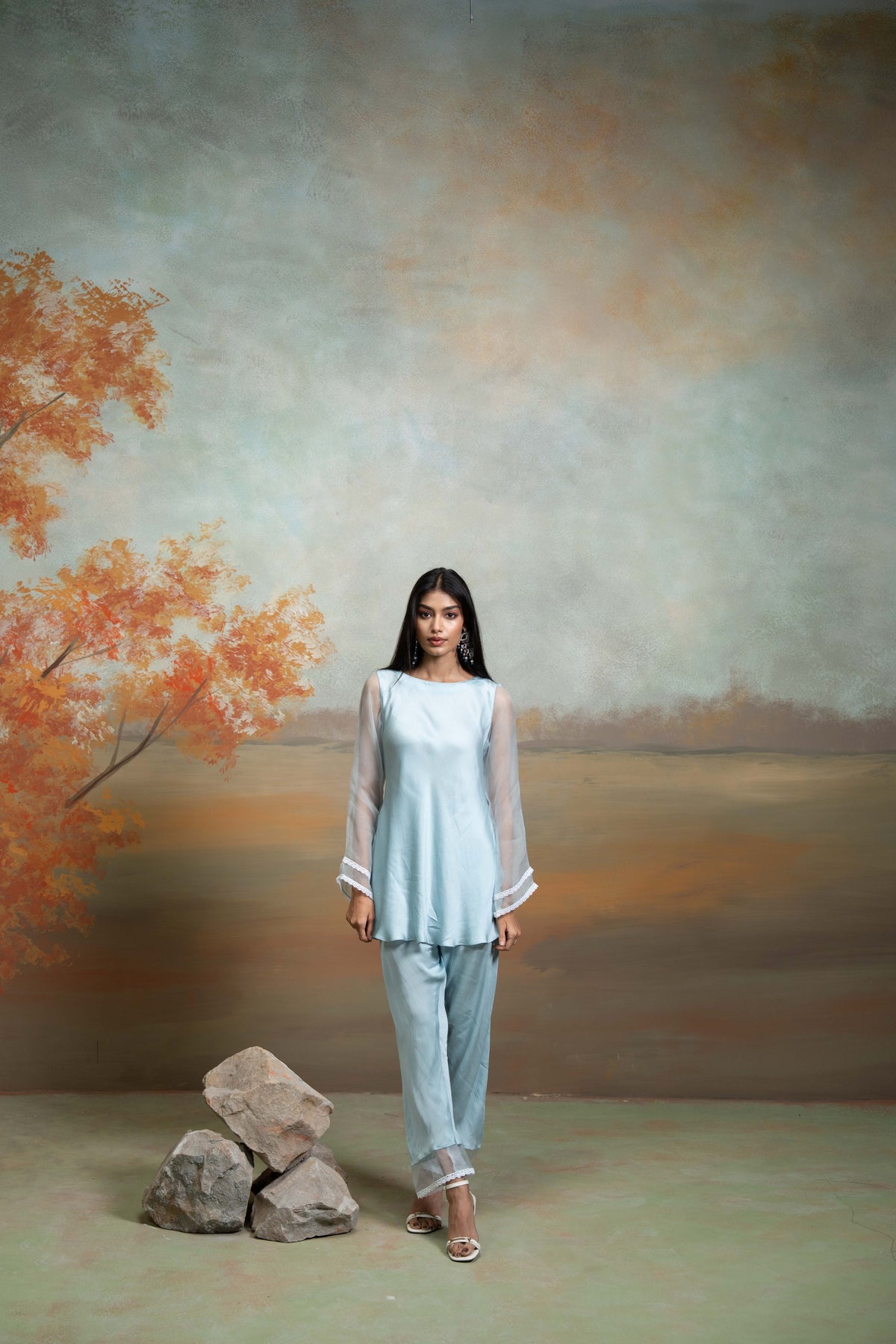 Powder Blue Lace & Organza Detailing Peplum Set (2 Pcs)