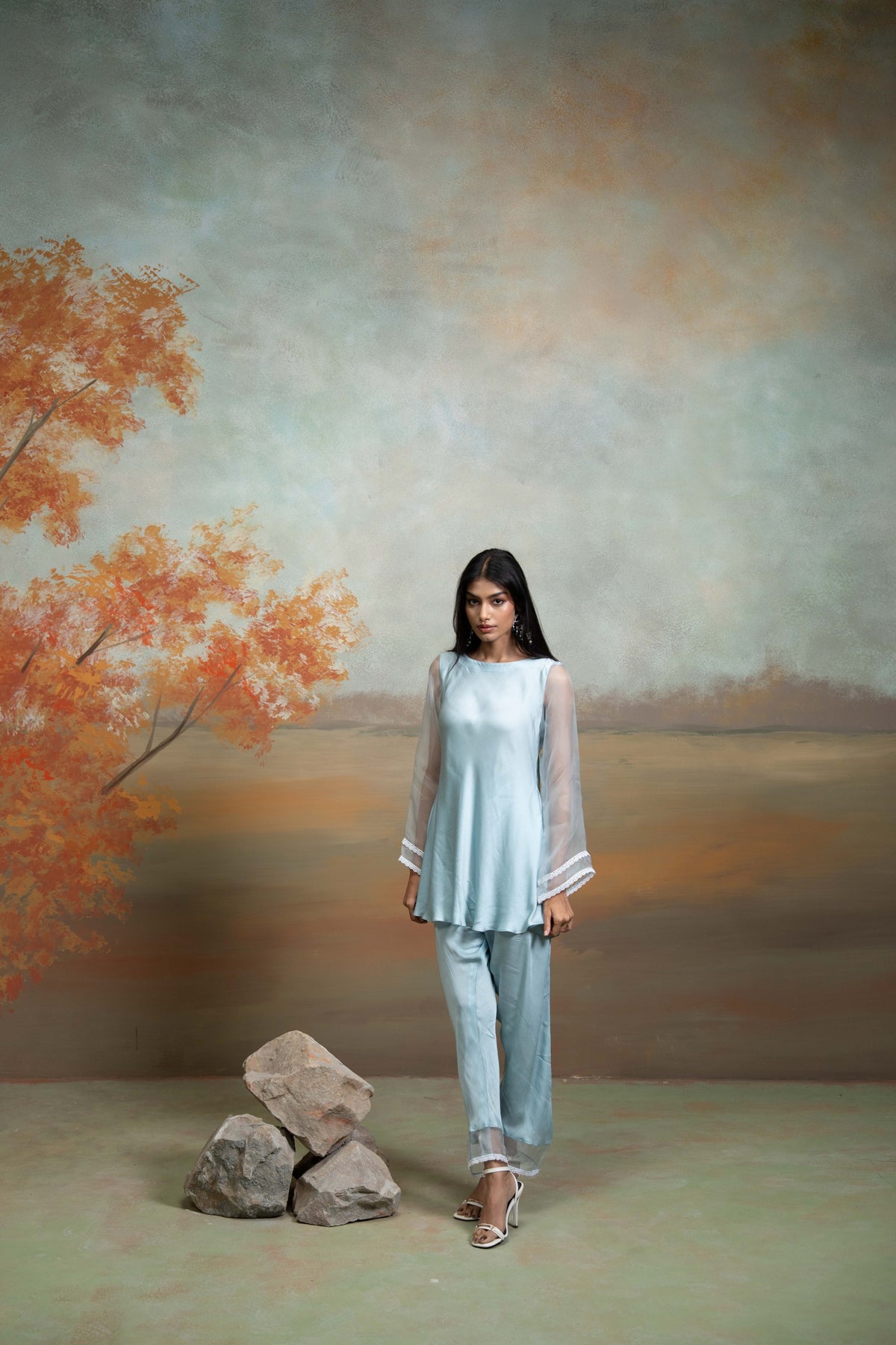 Powder Blue Lace & Organza Detailing Peplum Set (2 Pcs)
