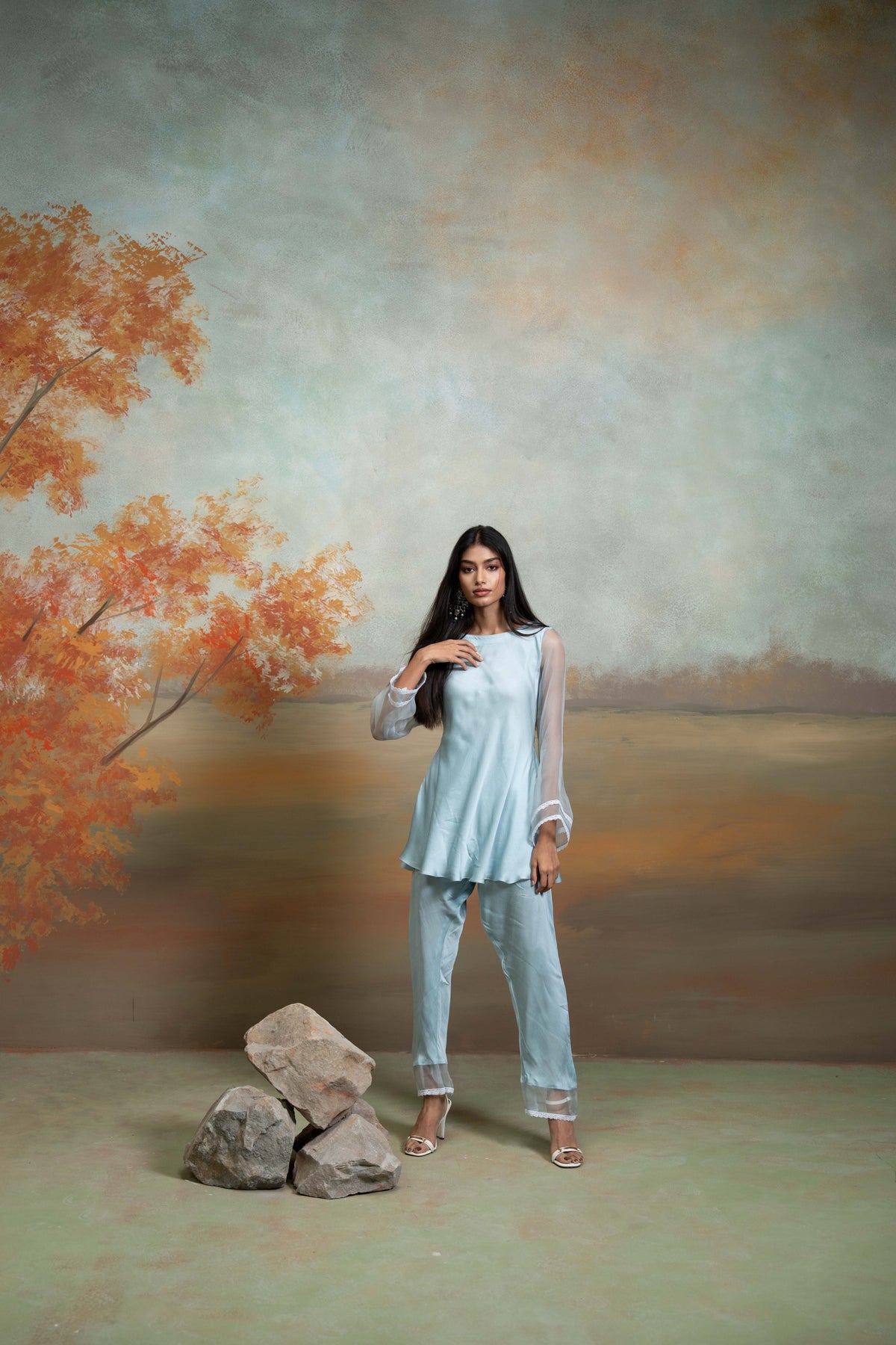 Powder Blue Lace & Organza Detailing Peplum Set (2 Pcs)