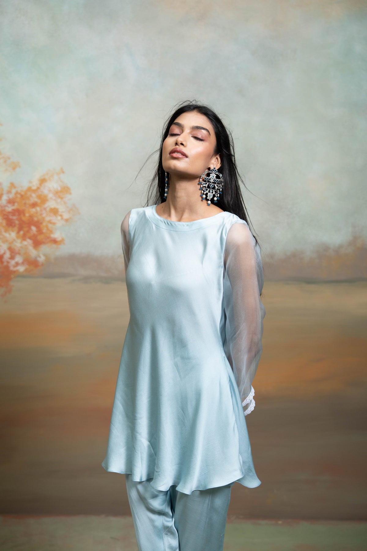 Powder Blue Lace & Organza Detailing Peplum Set (2 Pcs)