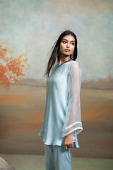 Powder Blue Lace & Organza Detailing Peplum Set (2 Pcs)