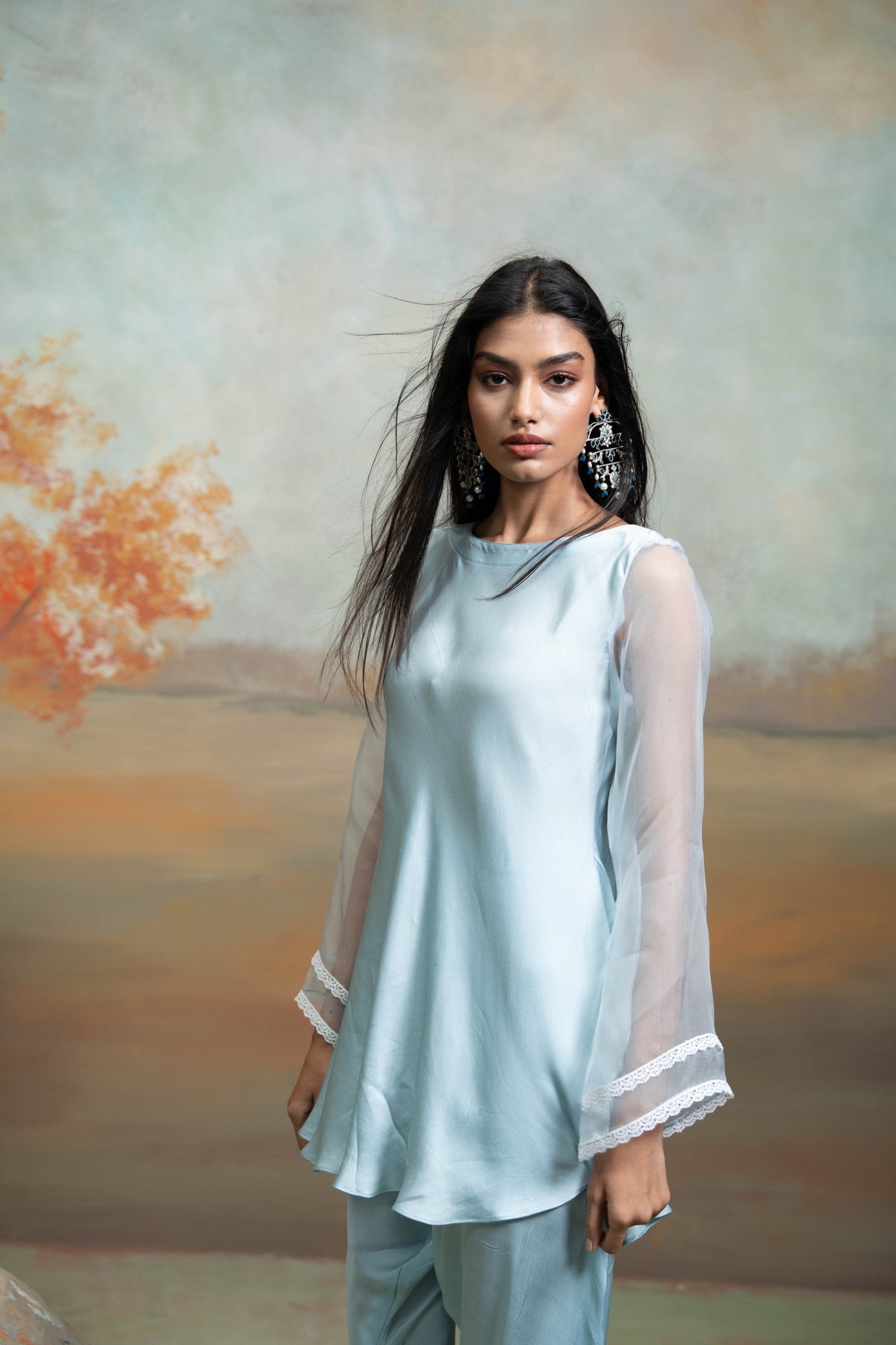 Powder Blue Lace & Organza Detailing Peplum Set (2 Pcs)