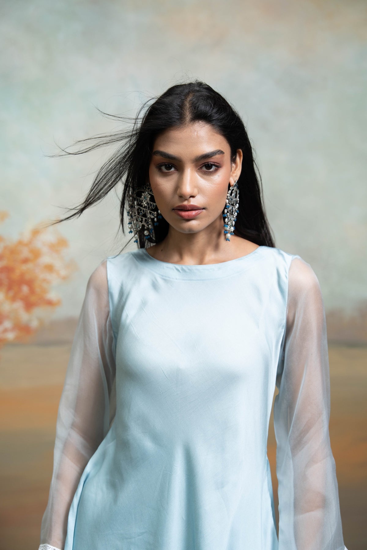 Powder Blue Lace & Organza Detailing Peplum Set (2 Pcs)