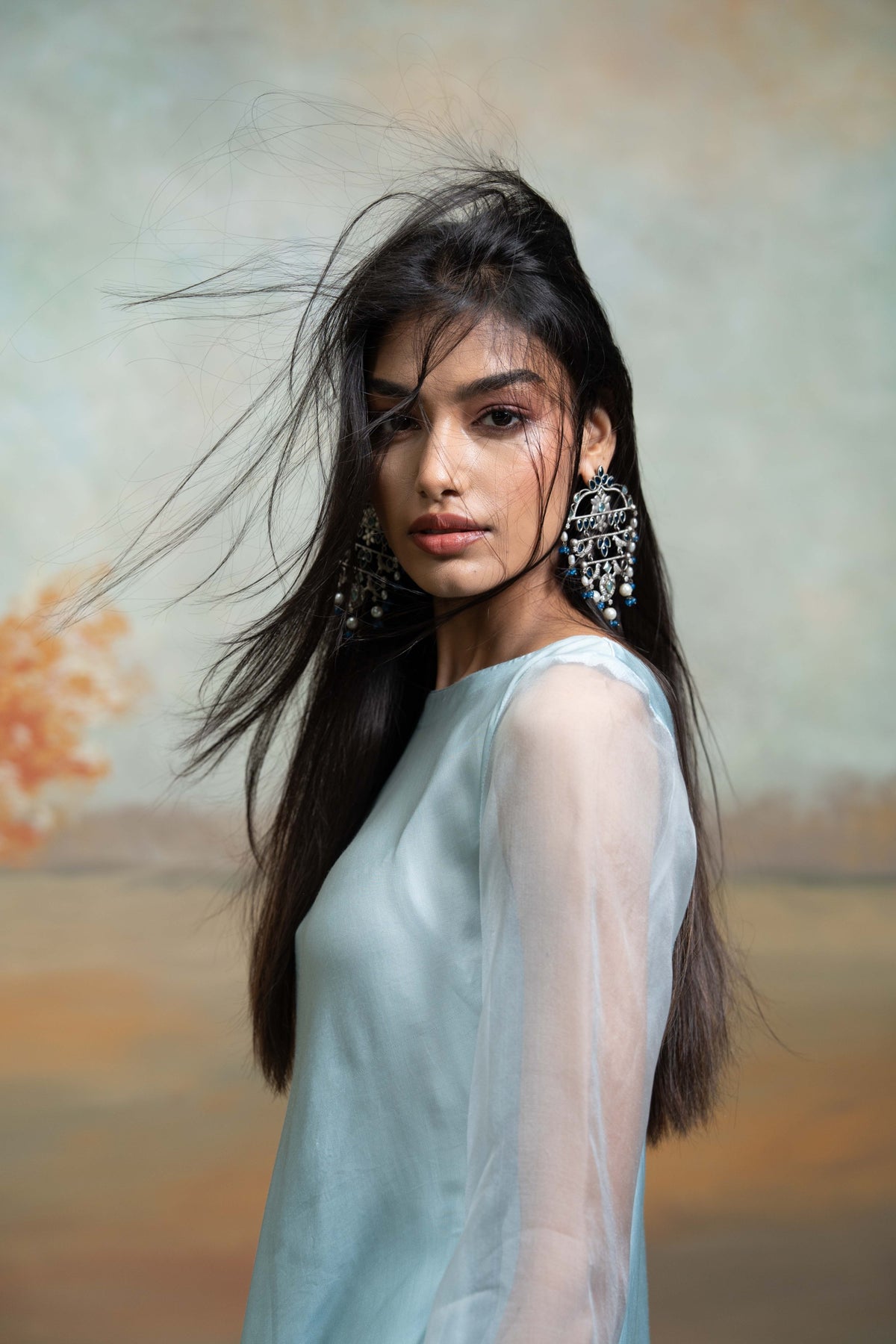 Powder Blue Lace & Organza Detailing Peplum Set (2 Pcs)