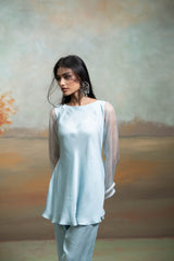 Powder Blue Lace & Organza Detailing Peplum Set (2 Pcs)