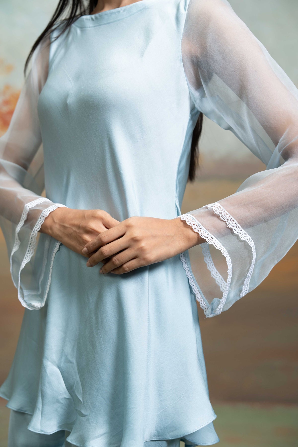 Powder Blue Lace & Organza Detailing Peplum Set (2 Pcs)