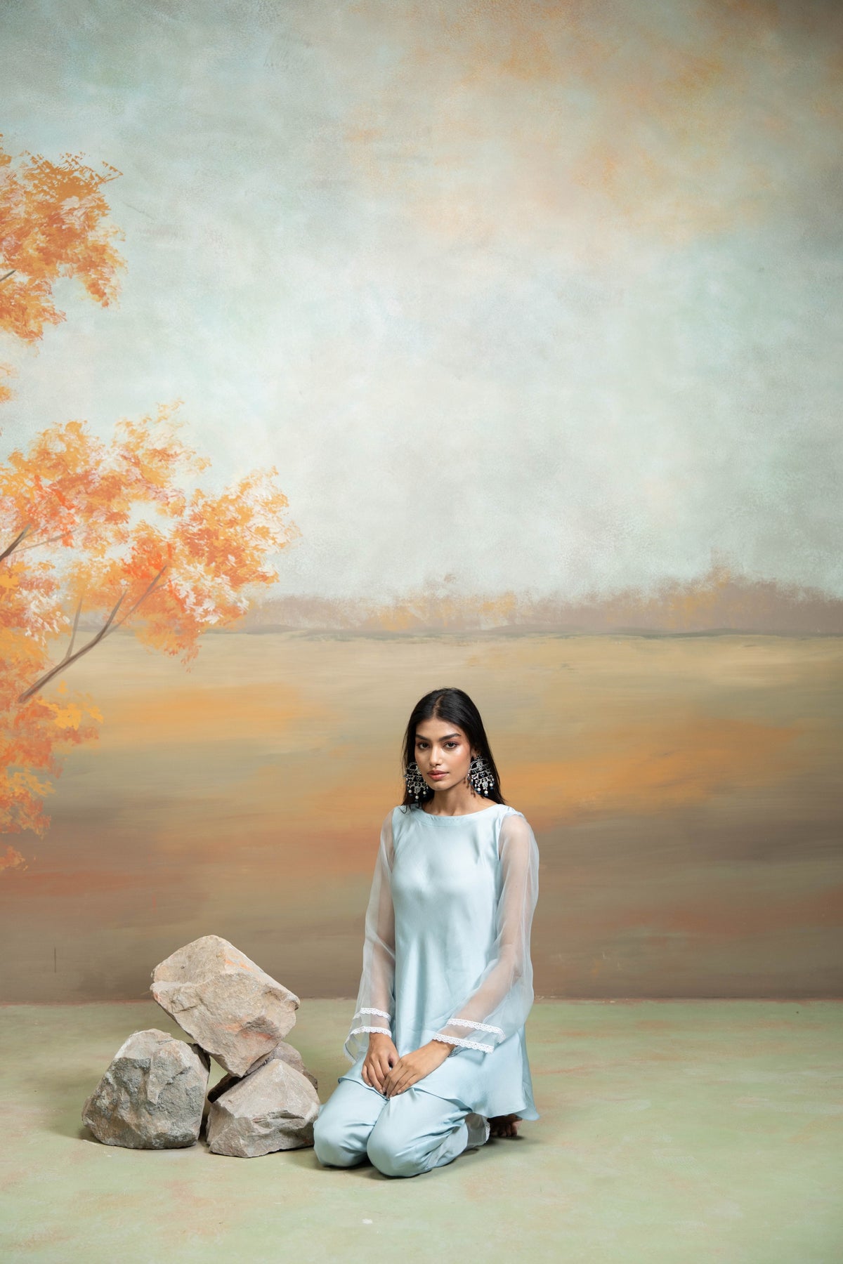 Powder Blue Lace & Organza Detailing Peplum Set (2 Pcs)