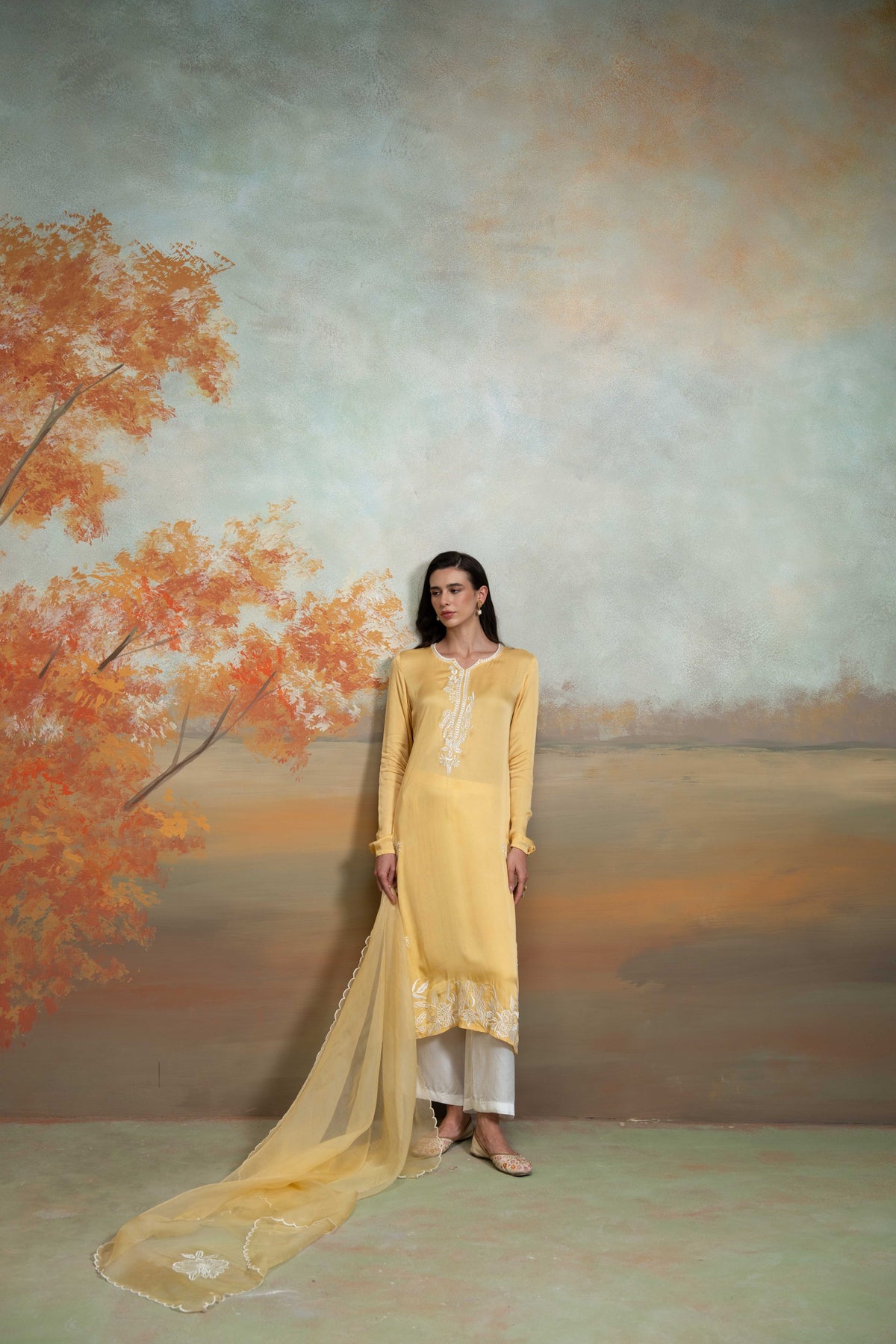 Yellow & White Embroidery Cotton Silk & Organza Kurta Set (3 Pcs)