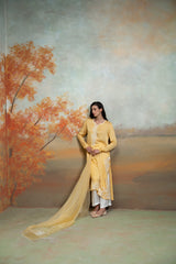 Yellow & White Embroidery Cotton Silk & Organza Kurta Set (3 Pcs)