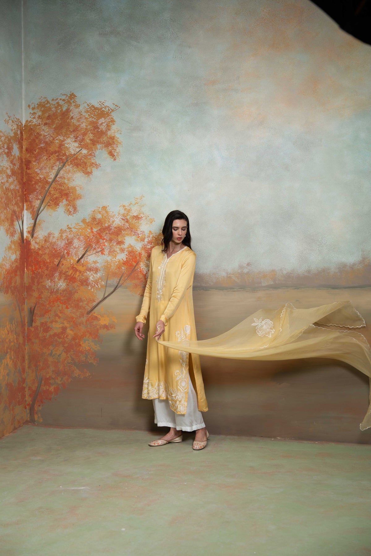 Yellow & White Embroidery Cotton Silk & Organza Kurta Set (3 Pcs)